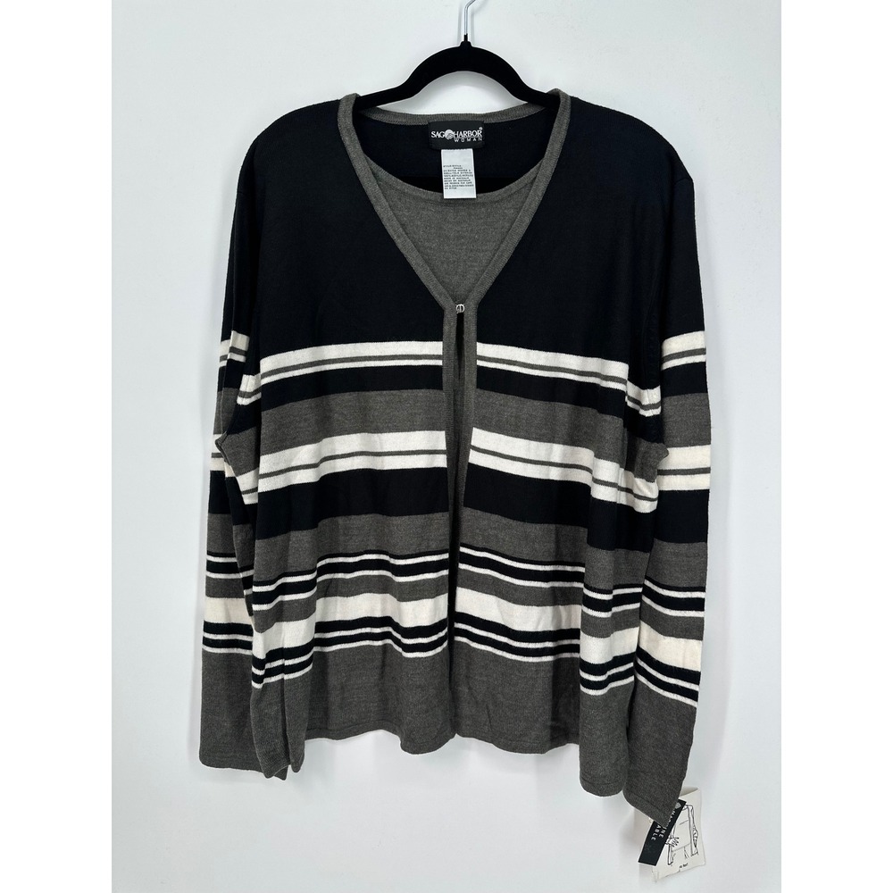 Vintage Sag Harbor Woman 2X Cardigan Sweater NWT Striped Black Gray Australia